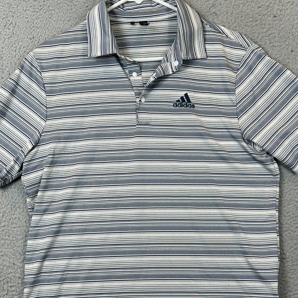 Adidas Polo Shirt Mens Medium Primegreen White Blue Striped Rugby Athletic Logo